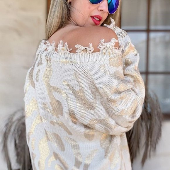 NWT Amoli Animal Print Ribbed Trim Distressed Sweater - Picture 6 of 9